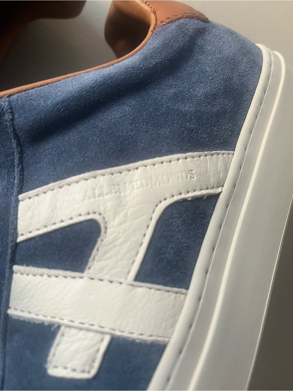 Allen Edmonds Navy Suede Sneakers with White Accents and Tan Lining - Picture 4 of 12
